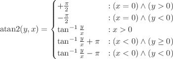 $$\mathrm{atan2}(y, x) = \begin{cases}
+\frac{\pi}{2} &: (x = 0) \land (y > 0) \\
-\frac{\pi}{2} &: (x = 0) \land (y < 0) \\
\tan^{-1}\frac{y}{x} &: x > 0 \\
\tan^{-1}\frac{y}{x} + \pi &: (x < 0) \land (y \geq 0) \\
\tan^{-1}\frac{y}{x} - \pi &: (x < 0) \land (y < 0) \\
\end{cases} $$