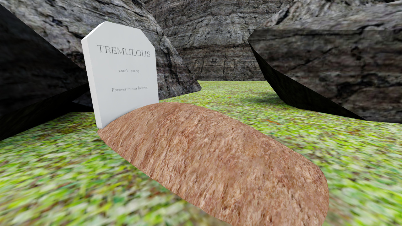 A grave with a tombstone that reads: Tremulous / 2006 - 2019 / Forever in our hearts. Screenshot from An Almango.